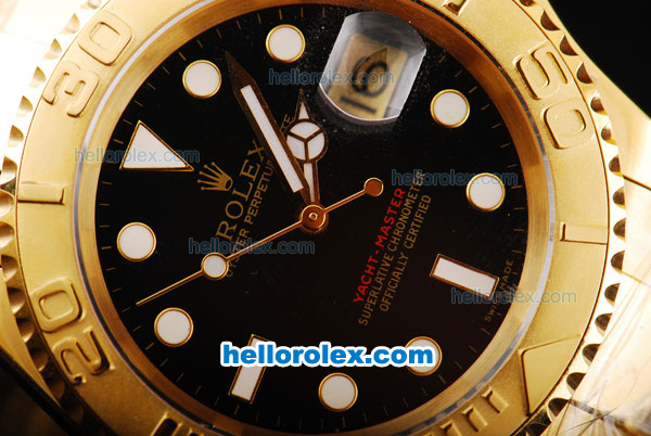 Rolex Yachtmaster Swiss ETA 2836 Automatic Movement Full Gold Case/Strap with Black Dial and White Round Hour Marker - Click Image to Close